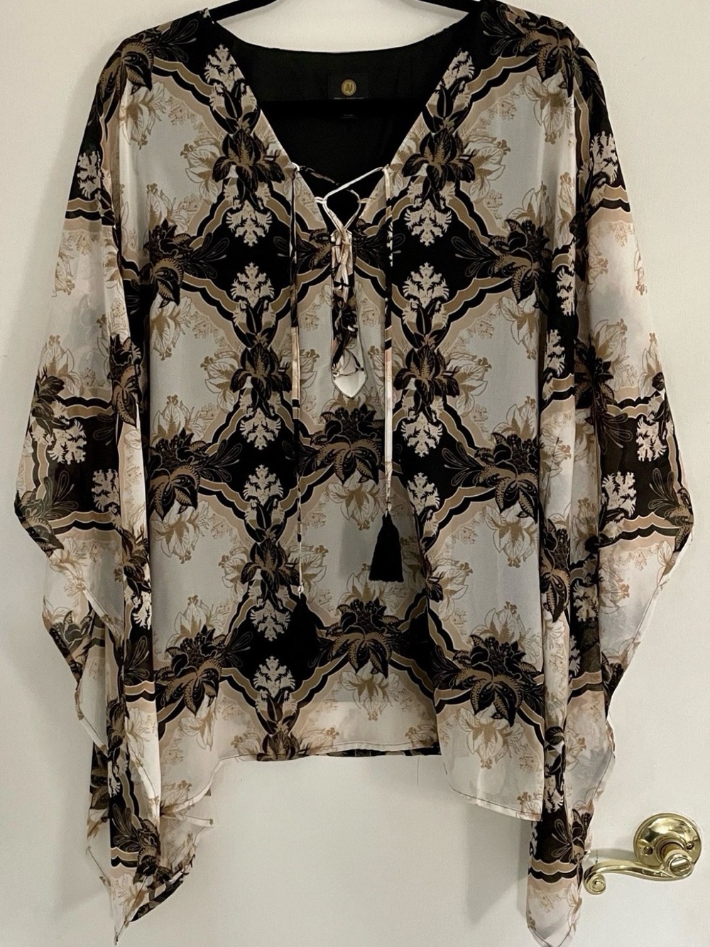 JM Collection Sheer Lace-Up Blouse in Black and Cream